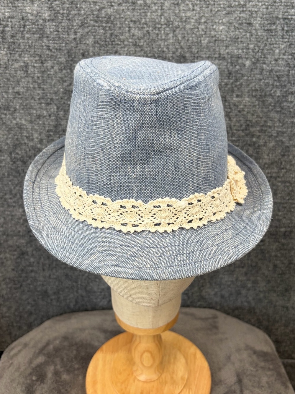 Light Blue Denim Fedora with Cream Crochet Trim
